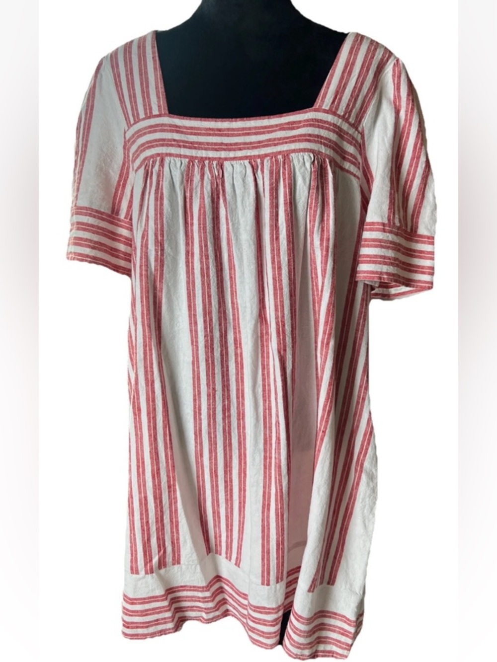 Old Navy L Red White Stripe Square Neck Short Sleeve Linen Peasant Shift Dress